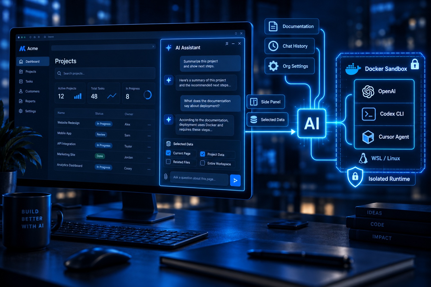 AI асистент у пословној веб апликацији, са агентима који раде у Docker контејнеру