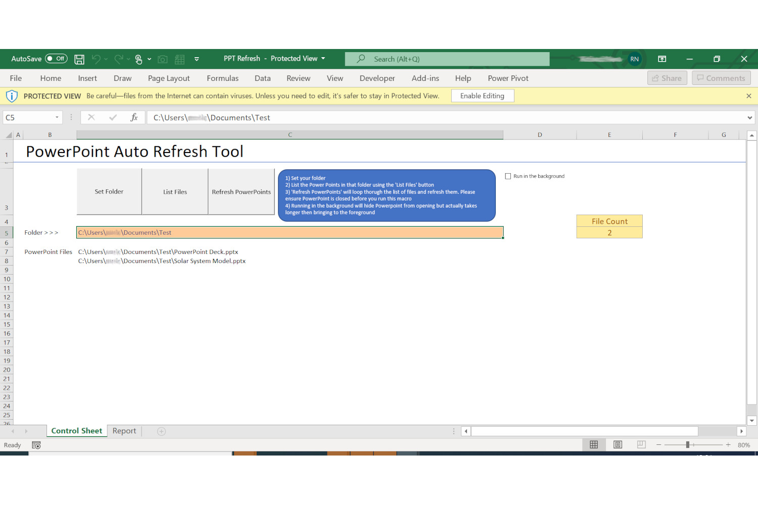 Excel свеска са дугмадима за покретање освежавања линкова у PowerPoint презентацијама, коришћена за тестирање програма